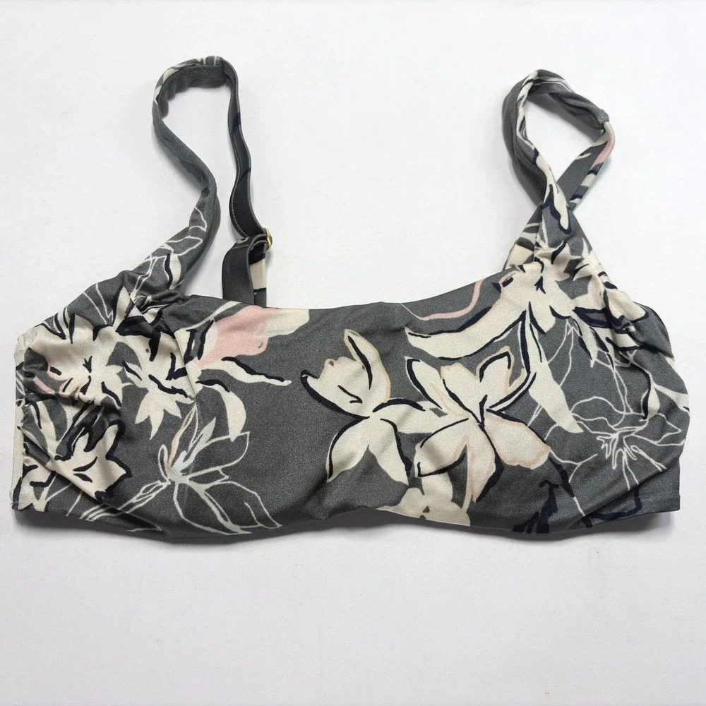 Athleta Floral Padded Bra Top‎ Womens 34B/C Gray Strappy Swim Yoga Tank